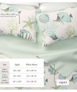 blue / green fish & seashell quilt set with shams