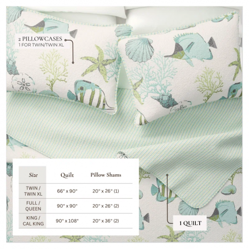 blue / green fish & seashell quilt set with shams