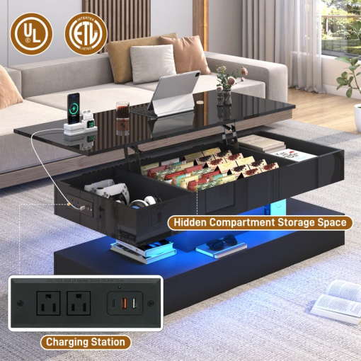 47.2" large lift top led modern high glossy coffee table with charging station
