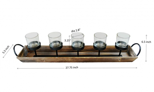 5 pillar candelabra centerpiece with glass cups and rustic wood tray