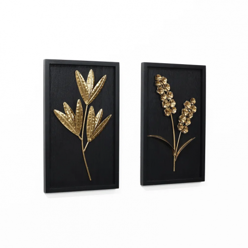 gold flowers and plants with black wood back and frame wall decor