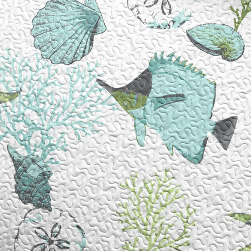 blue / green fish & seashell quilt set with shams