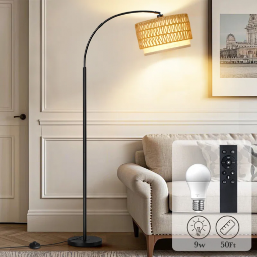 75" arched floor lamp with rattan shade and remote control