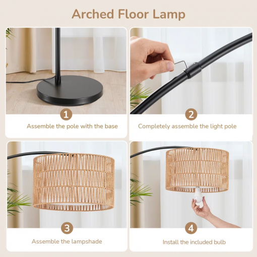 76'' rattan arched dimmable floor lamp with remote control and bulb included