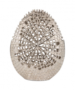 decorative aluminum vase with organic cutout design sculptural metal accent piece modern abstract openwork motif freestanding etched detailing artisan style vase contemporary home decor element.