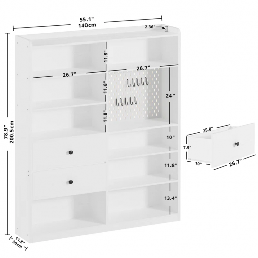 79" h x 55" w 8 cubby display book shelves with pegboard and deep drawer