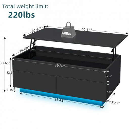 chappa lift top coffee table with multifunctional rgb led lights, hidden compartment and drawers