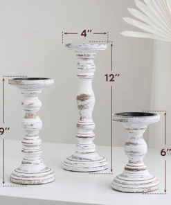 12'' handcrafted mango wood pillar candle holder set – rustic 3 piece set for led candles