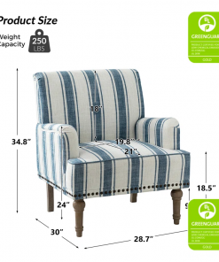 arching armchair with solid wood legs and nailhead trim