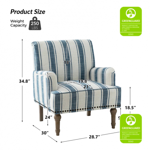 arching armchair with solid wood legs and nailhead trim