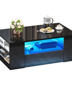 led high gloss finish coffee table with 2 drawers open shelves storage