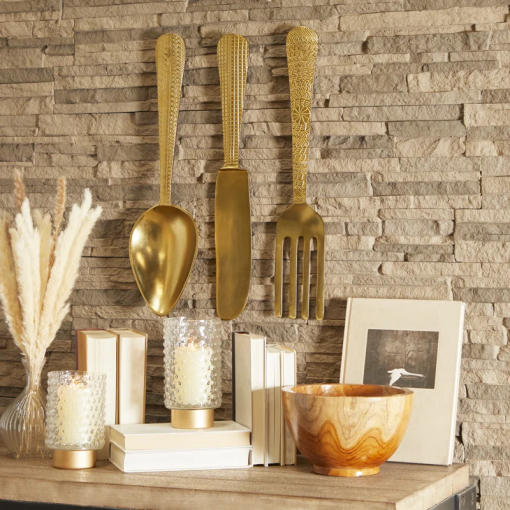 aluminum metal knife, spoon and fork utensils gold wall decor set