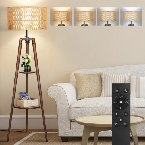acklins 61" dimmable tripod floor lamp rattan linen dual lampshades, remote bulbs