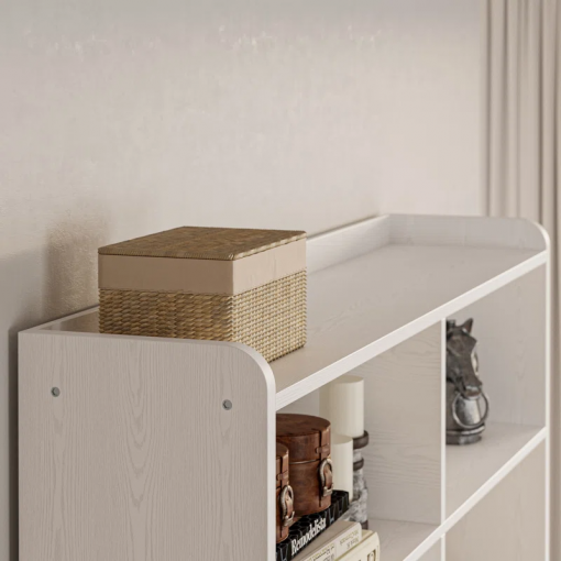 79" h x 55" w 8 cubby display book shelves with pegboard and deep drawer