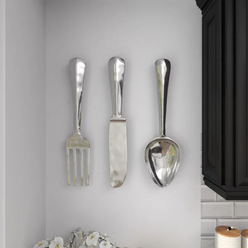 3 pieces aluminum knife, spoon and fork utensils wall decor
