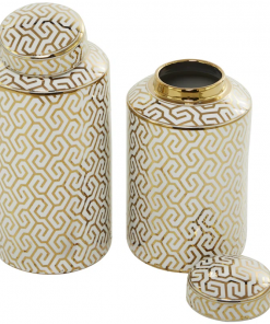 ceramic decorative jars with white floral patterns set