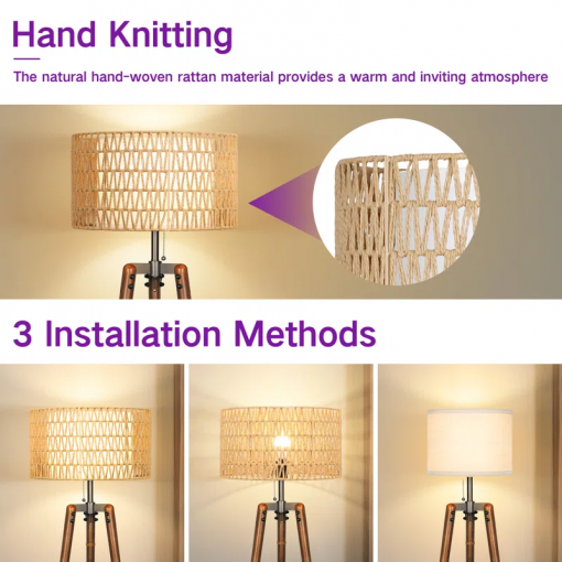 acklins 61" dimmable tripod floor lamp rattan linen dual lampshades, remote bulbs