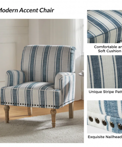 arching armchair with solid wood legs and nailhead trim