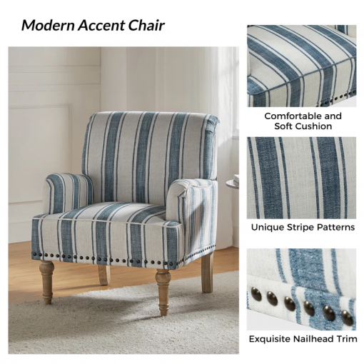 arching armchair with solid wood legs and nailhead trim