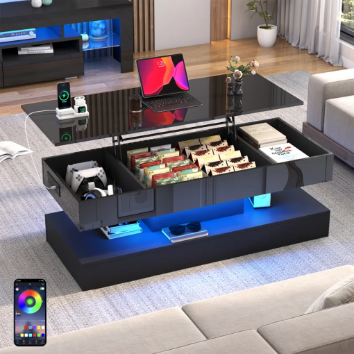 47.2" large lift top led modern high glossy coffee table with charging station