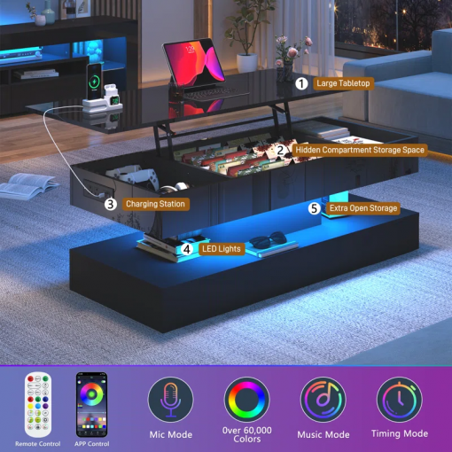 47.2" large lift top led modern high glossy coffee table with charging station