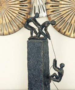 gray polystone people climbing decorative sculpture with bronze detailing, 7