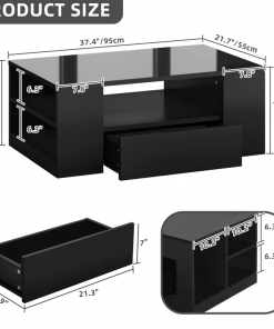 led high gloss finish coffee table with 2 drawers open shelves storage
