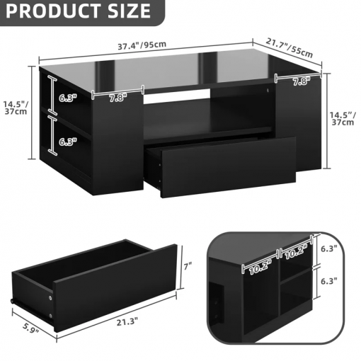 led high gloss finish coffee table with 2 drawers open shelves storage