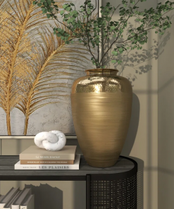 aluminum metal brushed decorative gold vase with hammered top
