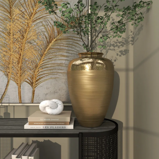 aluminum metal brushed decorative gold vase with hammered top