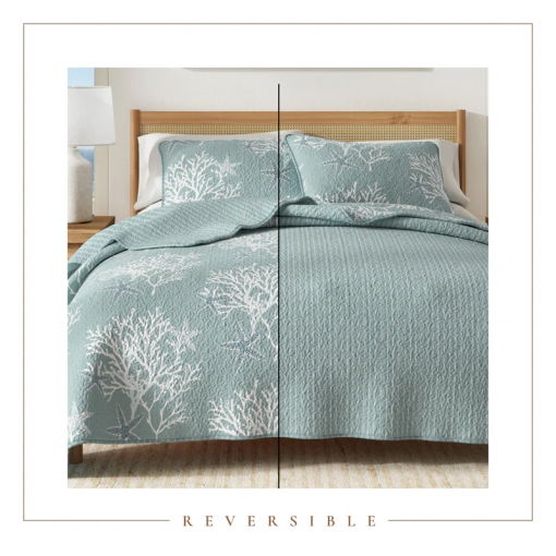 coral / starfish reversible coastal quilt set with shams
