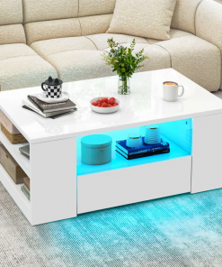 led high gloss finish coffee table with 2 drawers open shelves storage