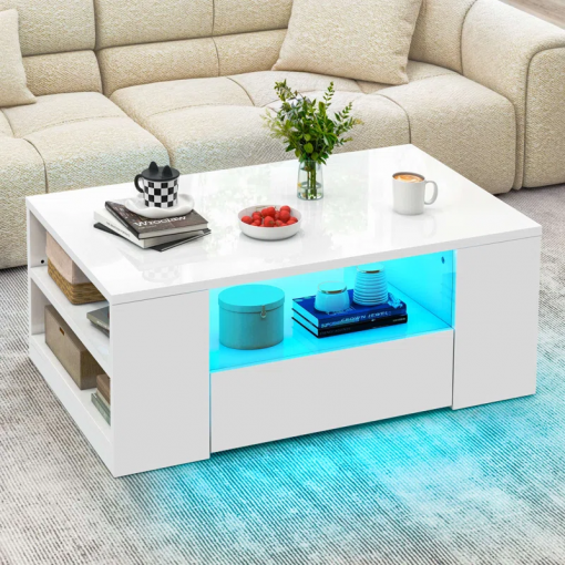 led high gloss finish coffee table with 2 drawers open shelves storage