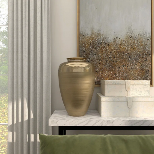 aluminum metal brushed decorative gold vase with hammered top