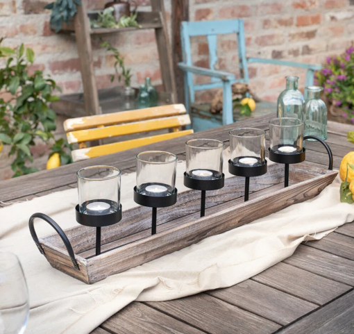 5 pillar candelabra centerpiece with glass cups and rustic wood tray