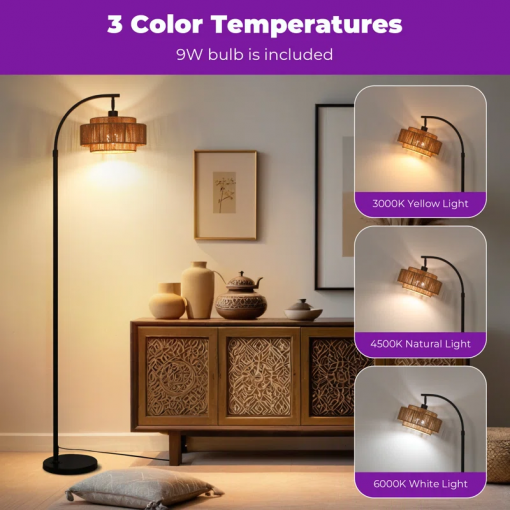 aarzo 69.6'' arched/arc rattan floor lamp with led light and remote control