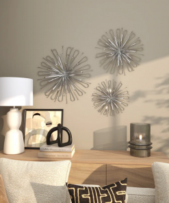 3 piece metal starburst wall decor with orb detailing set