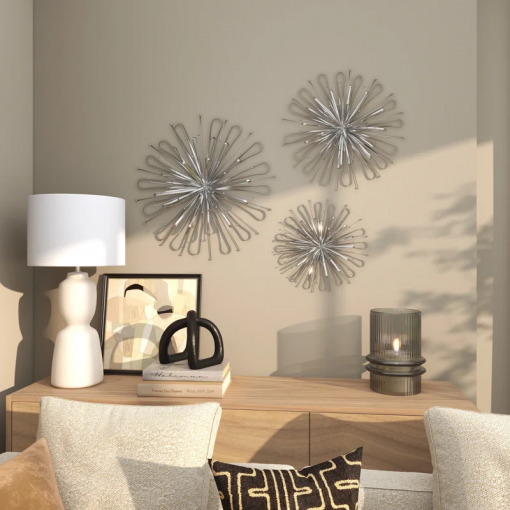 3 piece metal starburst wall decor with orb detailing set