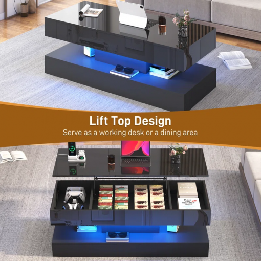 47.2" large lift top led modern high glossy coffee table with charging station