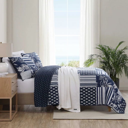 coastline avalon patchwork cotton reversible navy quilt set