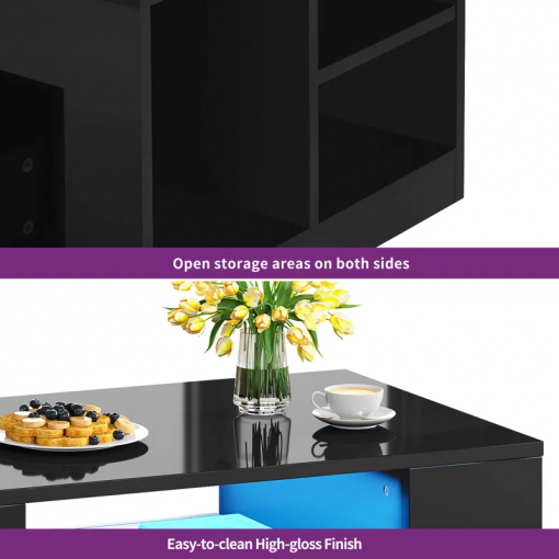 led high gloss finish coffee table with 2 drawers open shelves storage