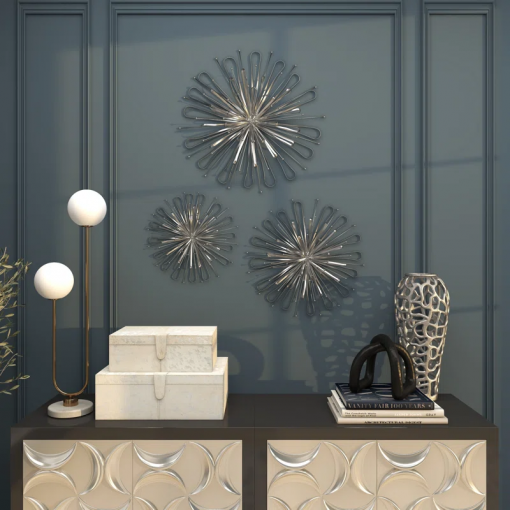 3 piece metal starburst wall decor with orb detailing set
