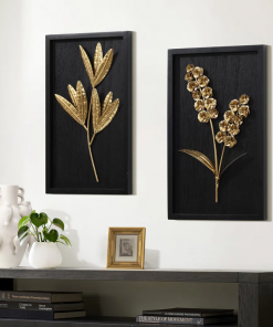 gold flowers and plants with black wood back and frame wall decor