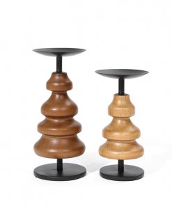 2 piece wood tabletop set with metal candle holders