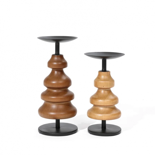 2 piece wood tabletop set with metal candle holders