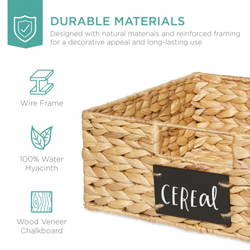 13in woven water hyacinth pantry baskets w/ chalkboard label, chalk marker