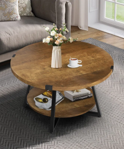 jahaira round coffee table with 2 tier storage shelves