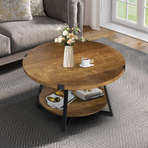 jahaira round coffee table with 2 tier storage shelves