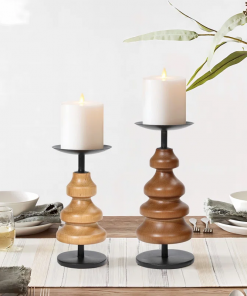 2 piece wood tabletop set with metal candle holders