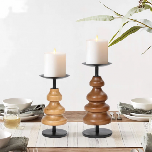 2 piece wood tabletop set with metal candle holders